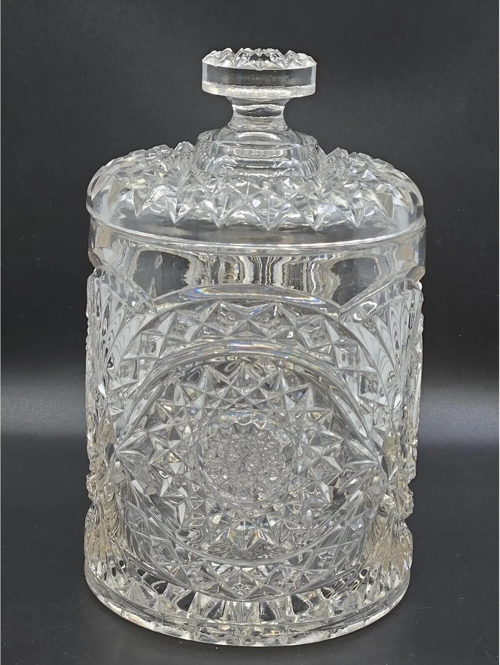 Vintage Imperial Glass Hobstar Roanoke Biscuit Barrel Cracker Jar w/Lid 7.75